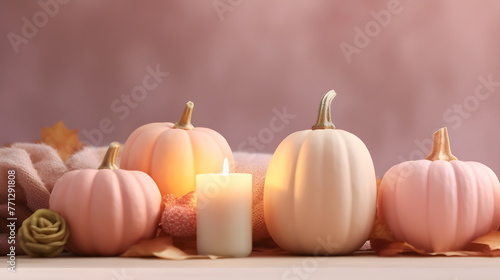 White and pink pumpkins on a background of pastel shades. Concept of Thanksgiving day or Halloween.