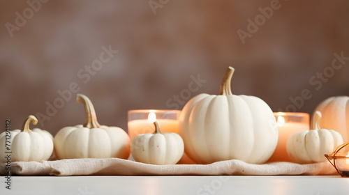 White and pink pumpkins on a background of pastel shades. Concept of Thanksgiving day or Halloween.