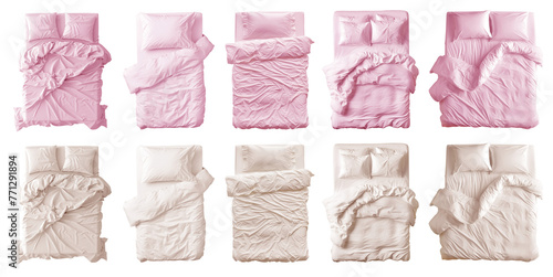 2 Collection set of pastel light pink beige blank blanket, pillows, comforter duvet bedding double king queen single bed top view on transparent cutout, PNG file. Many design. Mockup template