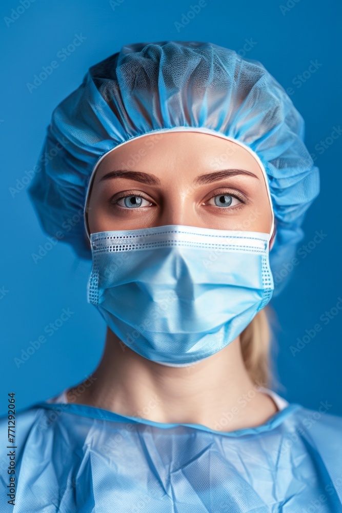 Female Health Professional in Blue Scrubs and Surgical Mask Against a Dark Background Female Health Professional in Blue Scrubs and Surgical Mask Against a Dark Background