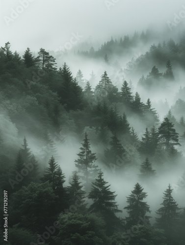 Forest covered in mist with trees, overcast day, dark gray style landscape, minimalist black and white muted palette