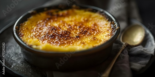 A detailed view of a classic French dessert Creme Brulee featuring a luscious custard base and crispy caramelized sugar crust. Concept Food Photography, French Dessert, Creme Brulee, Custard Base photo