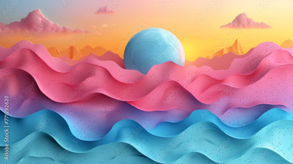 Fototapeta premium Abstract colorful spheres on wavy landscape. Vibrant and surreal landscape with colorful orbs floating above wavy layers, a scene that combines fantasy and serenity in a modern style