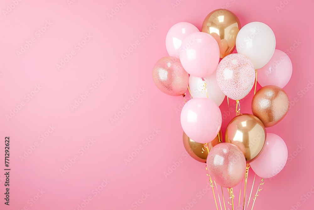 Festive Assortment of Pink and White Balloons With Golden Confetti on a Bright Pink Background