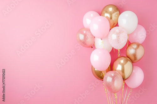 Festive Assortment of Pink and White Balloons With Golden Confetti on a Bright Pink Background