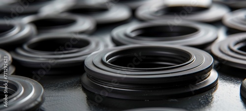 Industrial component array. Precision-engineered rubber gaskets for automotive use, arranged in a pattern, focusing on the quality and uniformity of these essential sealing elements. photo