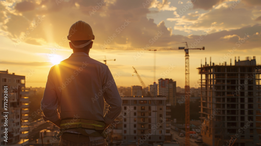 engineer wearing a helmet and workwear standing on a construction site