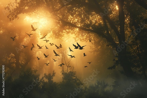 : A flock of birds gracefully flying through a romantic, misty forest, with a soft, warm glow filtering through the trees © Kashif