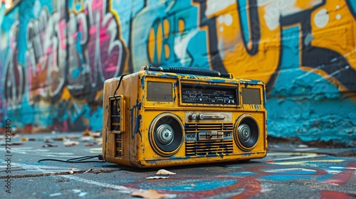 a boombox radio cassette tape recorder set against a vibrant graffiti wall art backdrop, capturing the essence of urban culture and retro music vibes.