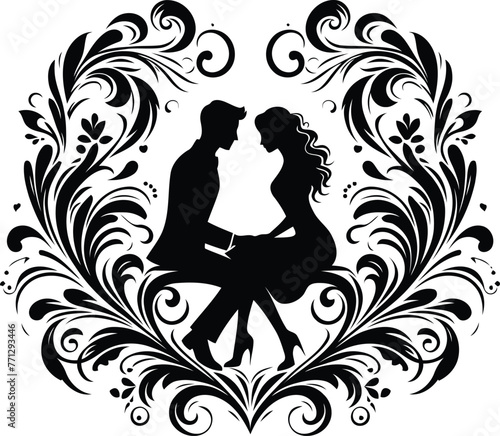 couple dating with victorian flourish decoration in black and white illustration