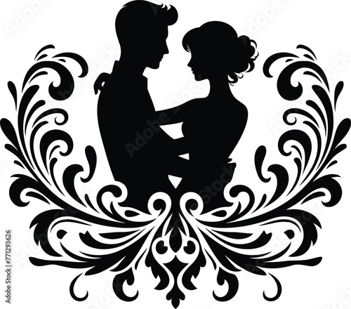couple dating with victorian flourish decoration in black and white illustration