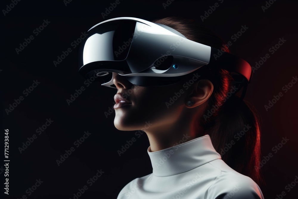 A closeup of a person wearing a futuristic virtual reality headset A closeup of a person wearing a futuristic virtual reality headset