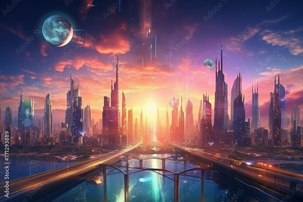 Obraz premium A futuristic scene of a city skyline illuminated by a colorful sunset, with flying cars, robots and other advanced technology