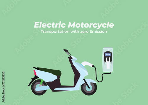 Electric motorcycle posters with a plug in cable at the charger station. Flat style vector illustration. Environmentally Friendly poster.