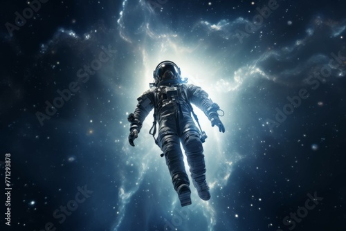 A person in a space suit flying through a starry night sky with a jet pack
