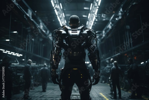 A person wearing a futuristic, robotic exoskeleton, standing in a dark, industrial environment