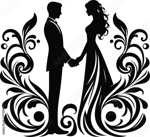 couple dating with victorian flourish decoration in black and white illustration