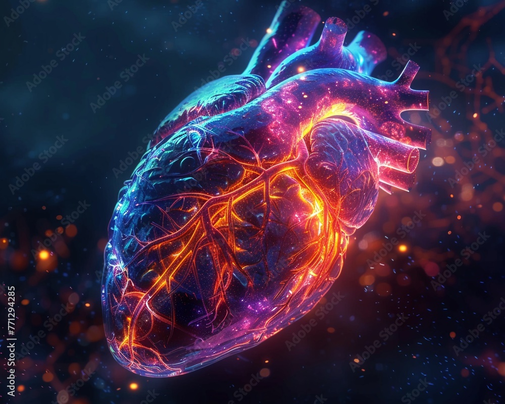 Heart chambers pulsing in neon colors scifi cardiac function animation
