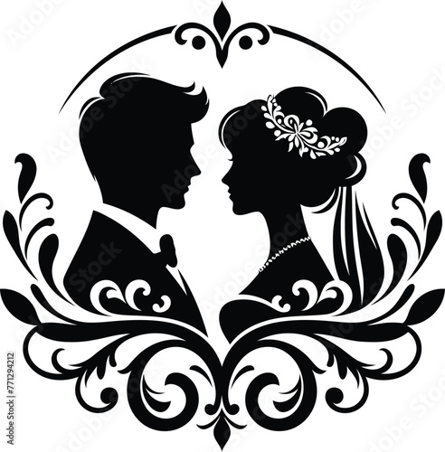 marriage couple with victorian flourish decoration in black and white illustration