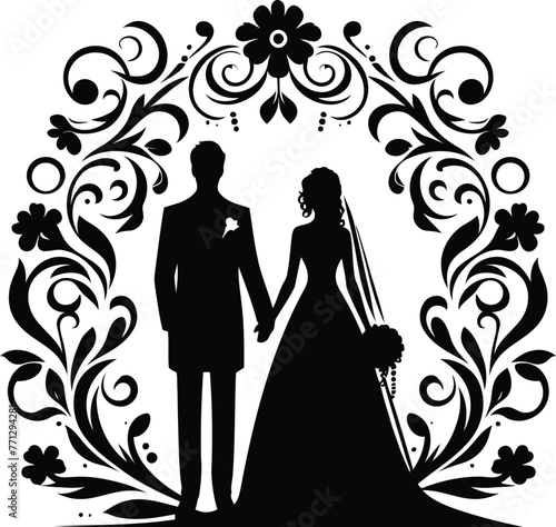 marriage couple with victorian flourish decoration in black and white illustration