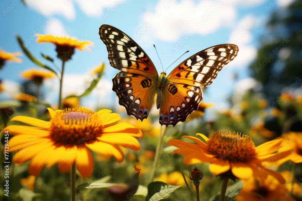 Obraz premium A close-up of a brightly colored butterfly perched on a sunflower petal in a garden of wildflowers