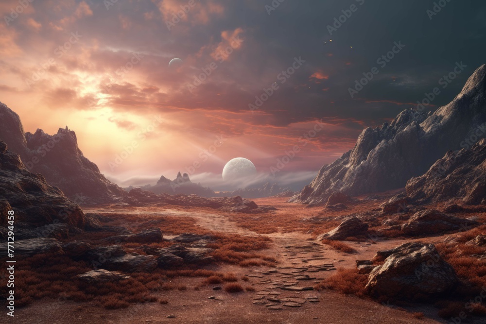 A desolate, yet futuristic landscape with a winding, illuminated path through a rocky terrain and a distant, star-filled sky in the background
