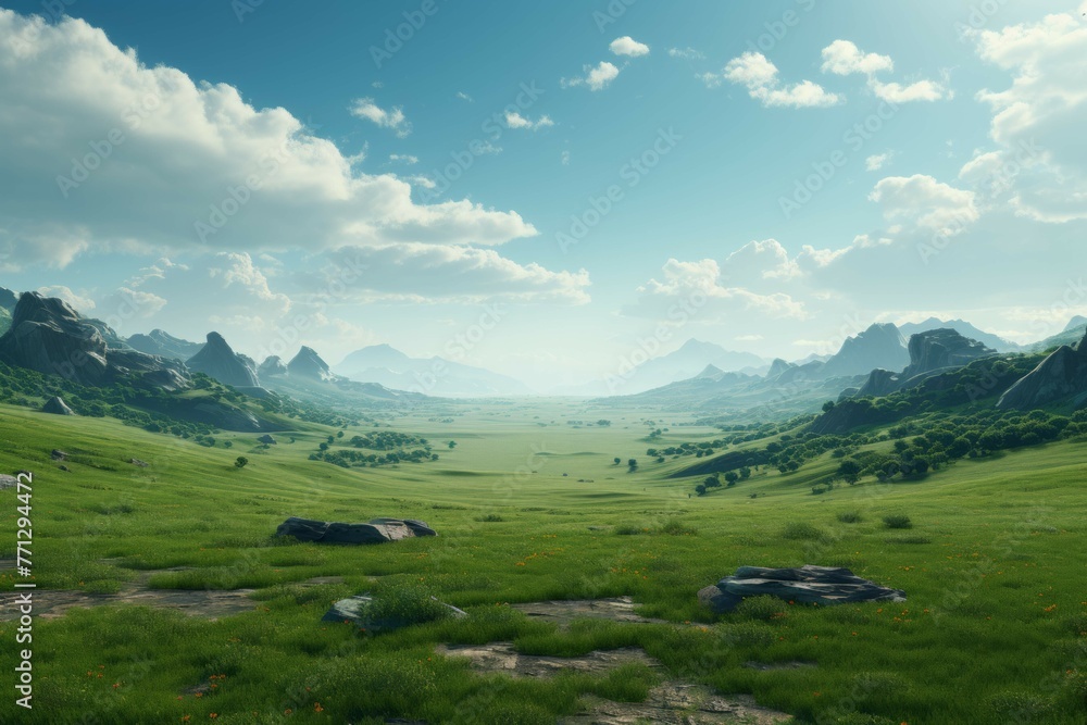 A lush alien landscape, the sky is a deep green, the ground is a mix of rolling hills, forests and plains, a single tree stands in the middle of the landscape