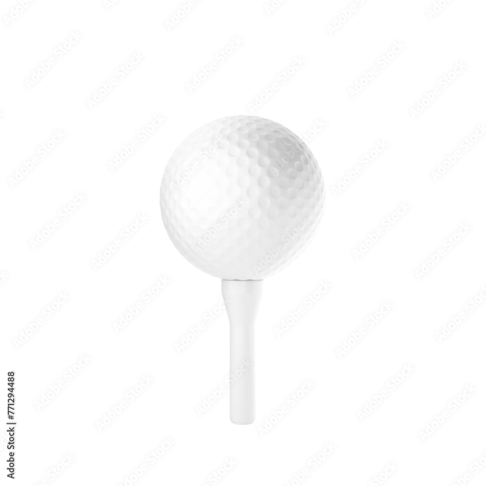 A golf ball on a tee isolated on a white background, clean design element for sports concepts A golf ball on a tee isolated on a white background, clean design element for sports concepts