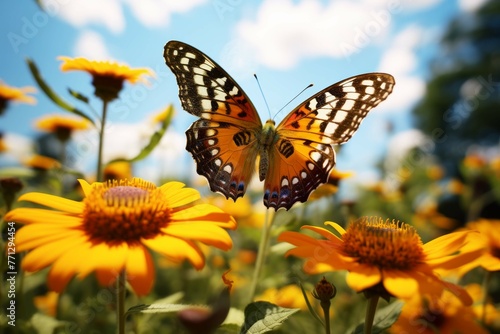 A close-up of a brightly colored butterfly perched on a sunflower petal in a garden of wildflowers