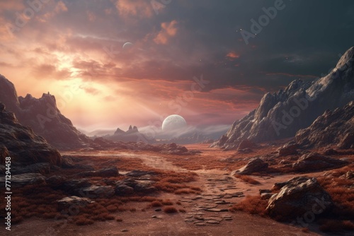 A desolate  yet futuristic landscape with a winding  illuminated path through a rocky terrain and a distant  star-filled sky in the background