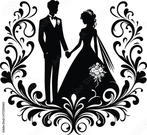 marriage couple with victorian flourish decoration in black and white illustration