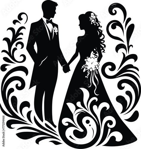 marriage couple with victorian flourish decoration in black and white illustration