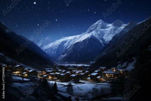 A desktop wallpaper of a starry night sky with a small mountain village in the foreground