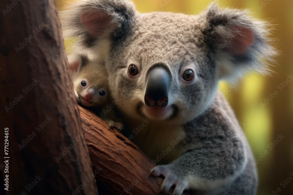 Obraz premium A baby koala bear clinging to its mother's back