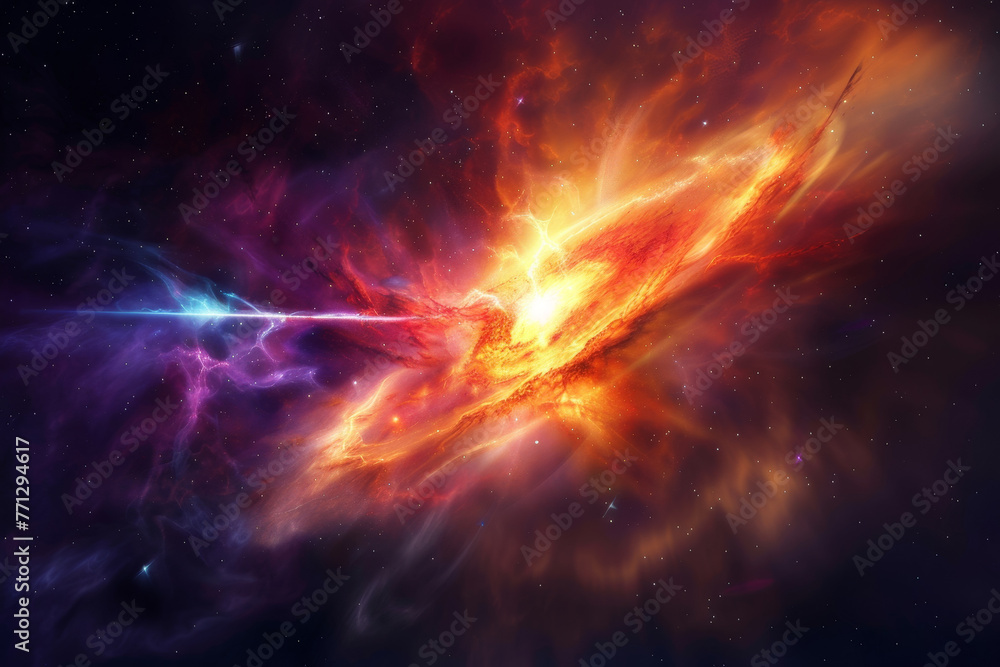 A colorful space scene with a bright orange object in the center