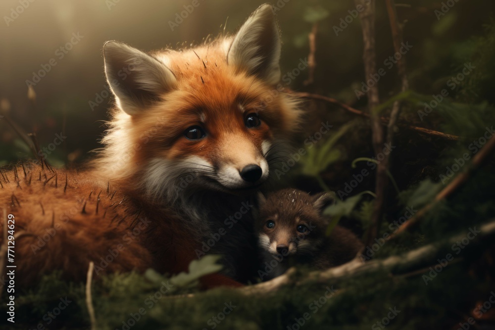 A baby fox snuggling up against its mother in a forest A baby fox snuggling up against its mother in a forest