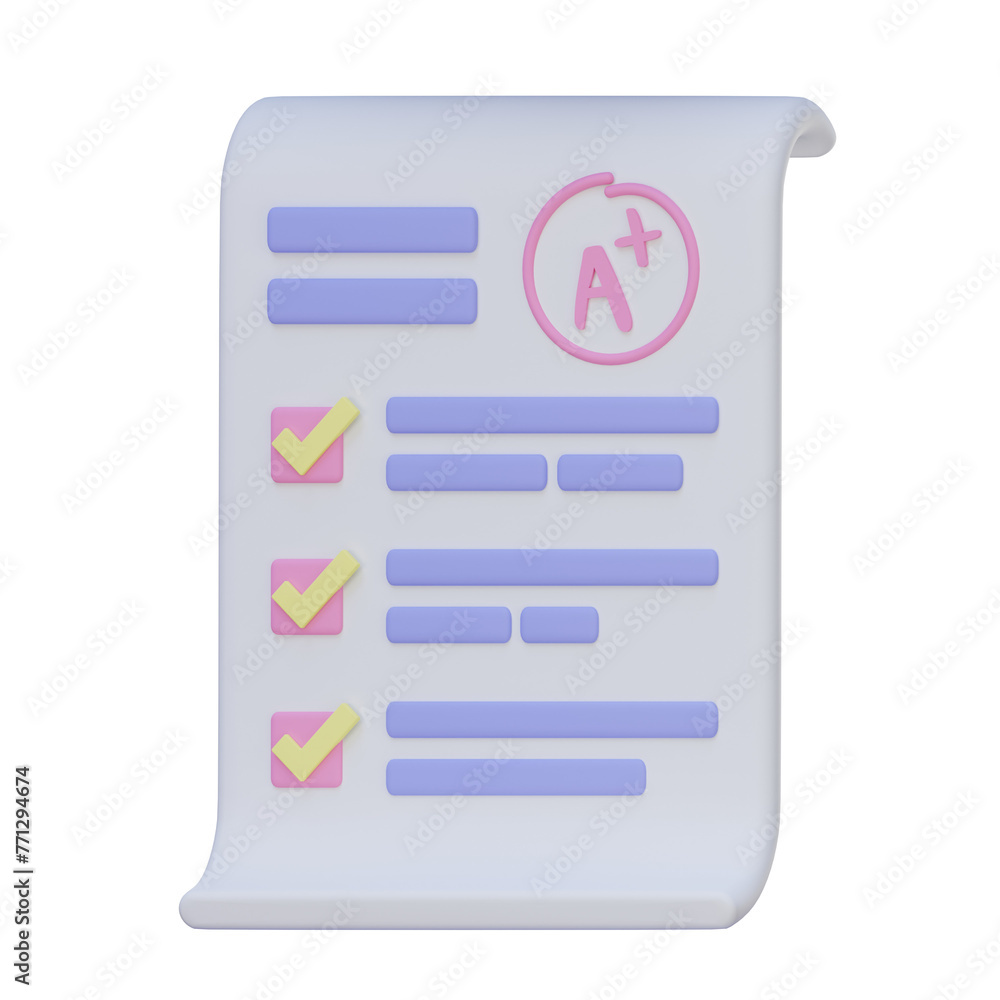 3D render of an exam result with an A+ grade with pastel colors, ideal for illustrations of education concepts, transparent backgrounds. 3D render of an exam result with an A+ grade with pastel colors, ideal for illustrations of education concepts, transparent backgrounds.