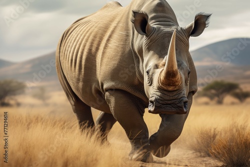 A rhinoceros walking in the wild, with its horn visible in the background