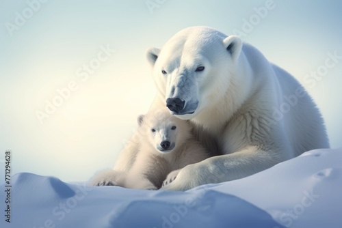 A baby polar bear cuddling with its mother on a snowy landscape
