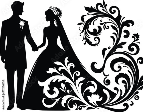 marriage couple with victorian flourish decoration in black and white illustration