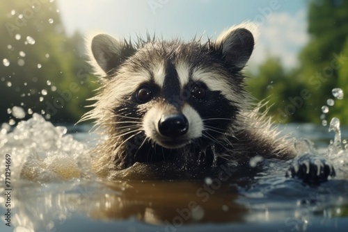 A baby raccoon washing its face in a river, its little hands splashing around in the water