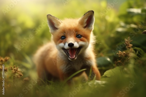 A baby fox cub playing in the grass, its little tail wagging in excitement