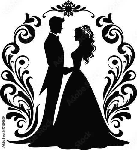 marriage couple with victorian flourish decoration in black and white illustration