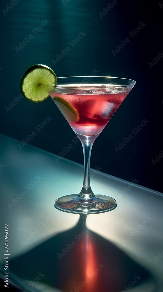 Red Cocktail in Martini Glass with Lime Wedge on Dark Surface
