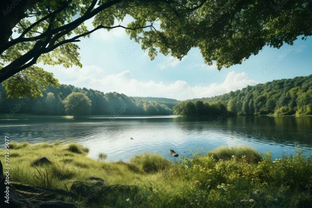 a picturesque lake surrounded by lush green trees and a peaceful atmosphere