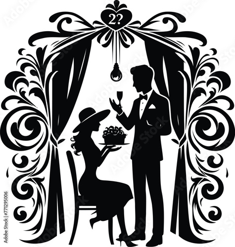 couple gift a flower with victorian flourish decoration in black and white illustration
