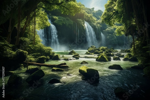 a lush green forest with a waterfall and a river