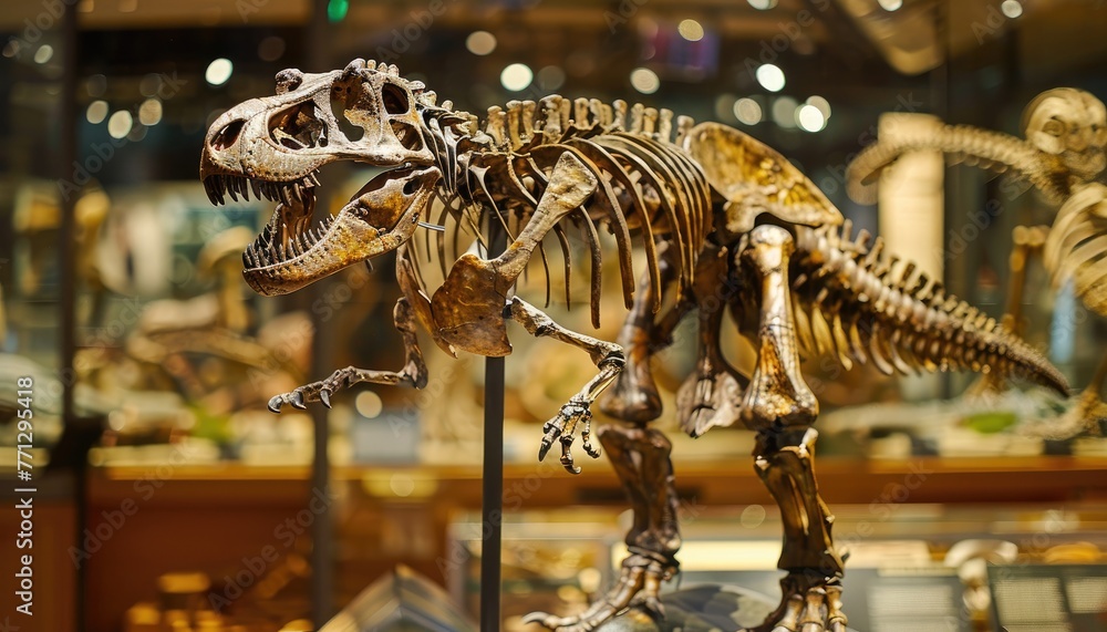 Obraz premium A skeleton of a dinosaur is on display in a museum by AI generated image