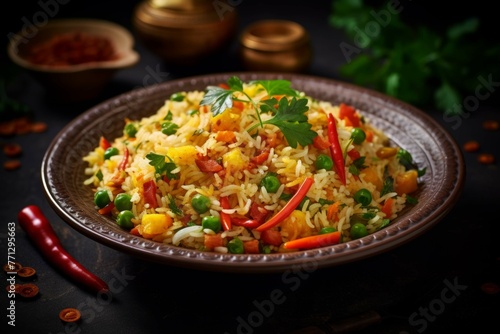 A plate of freshly cooked fried rice with a variety of different types of vegetables and spices, arranged in a decorative pattern