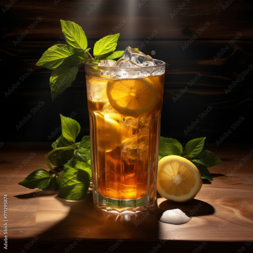 A glass of iced tea with lemon slices and mint leaves floating in it, on a wooden table A glass of iced tea with lemon slices and mint leaves floating in it, on a wooden table